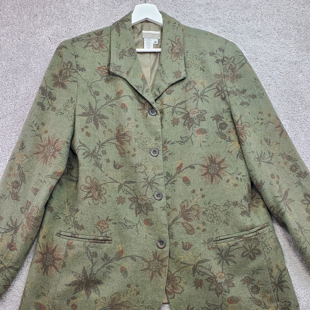 Coldwater Creek Blazer Jacket Womens 16 Olive Green Floral Lined Single Breasted